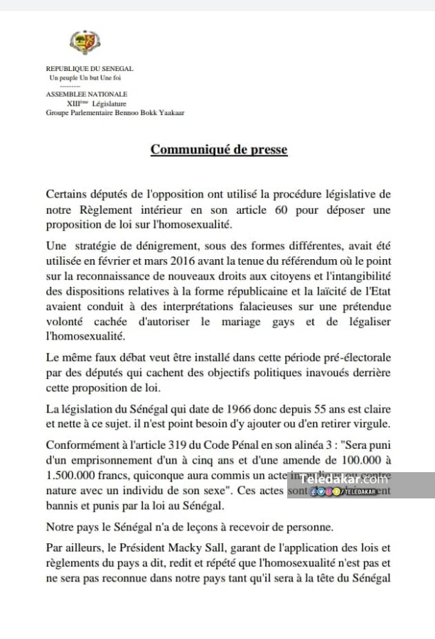Criminalisation de l’homosexualité au Sénégal: Les députés de la majorité rejettent le projet de loi et... Criminalisation de l’homosexualité au Sénégal: Les députés de la majorité rejettent le projet de loi et...