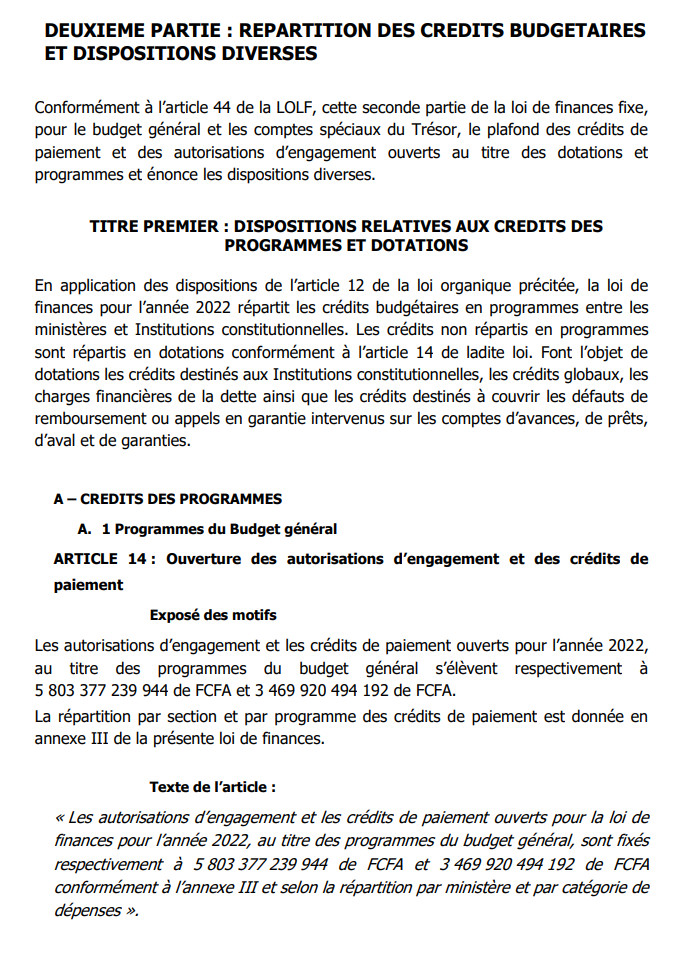 Finances pour l'année 2022: Ce qu'il faut savoir sur les dispositions aux crédits des programmes et dotations (Document, partie 1)