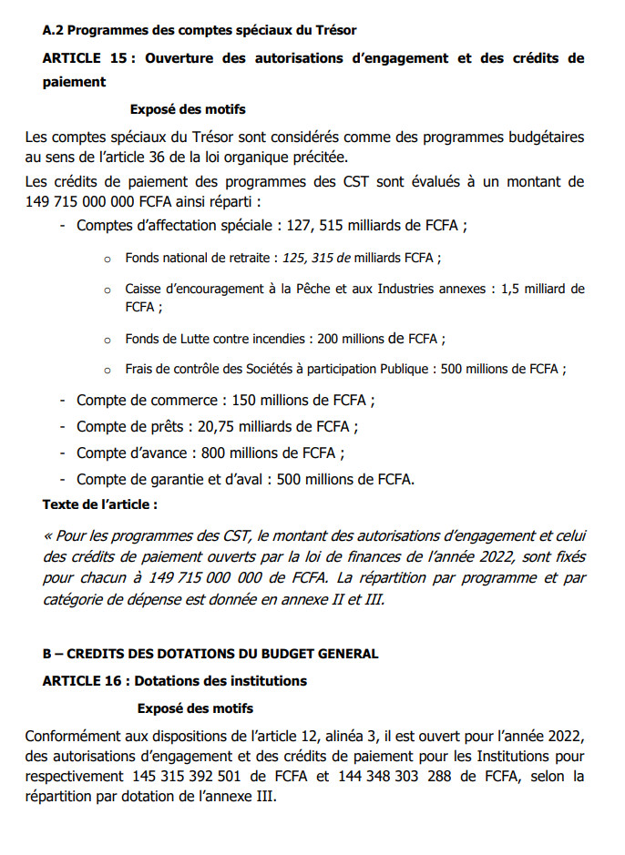 Finances pour l'année 2022: Ce qu'il faut savoir sur les dispositions aux crédits des programmes et dotations (Document, partie 1)