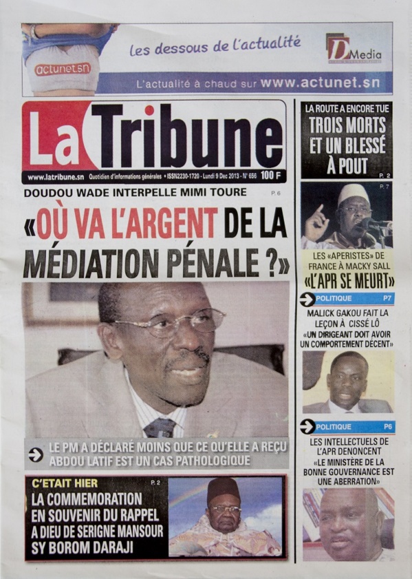 A la Une du Journal La Tribune du lundi 09 Décembre 2013