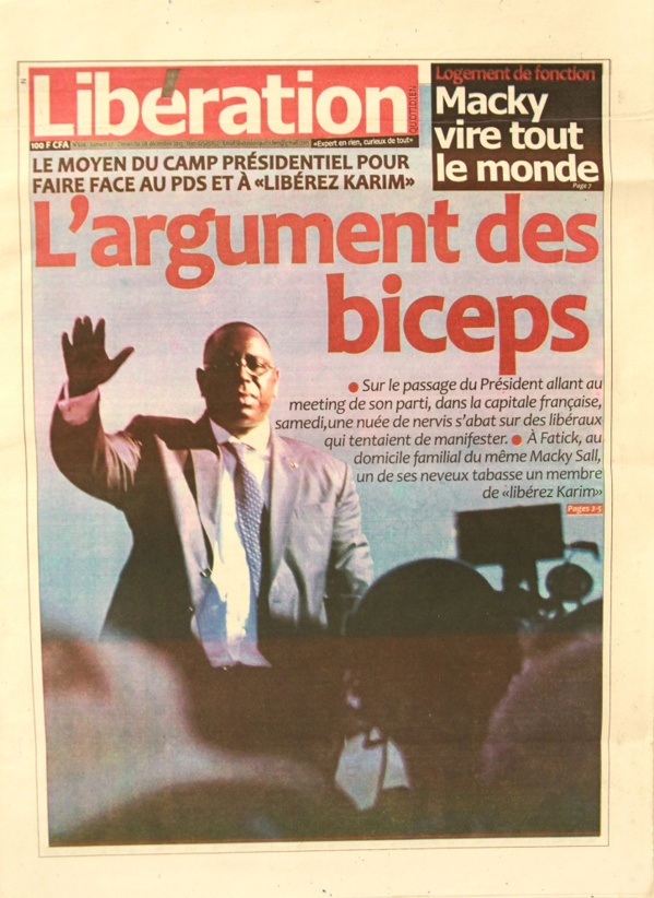 A la Une du Journal Libération du lundi 09 Décembre 2013