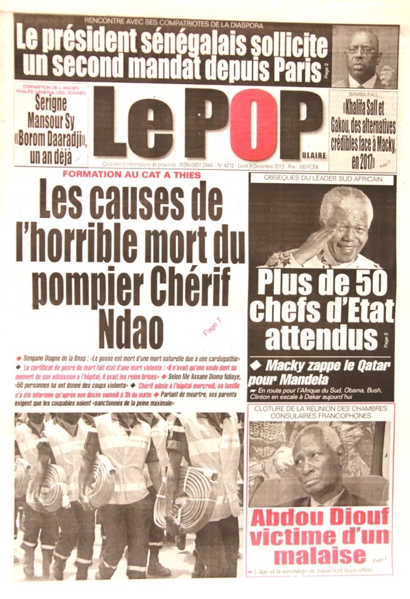 A la Une du Journal Le Populaire du lundi 09 Décembre 2013