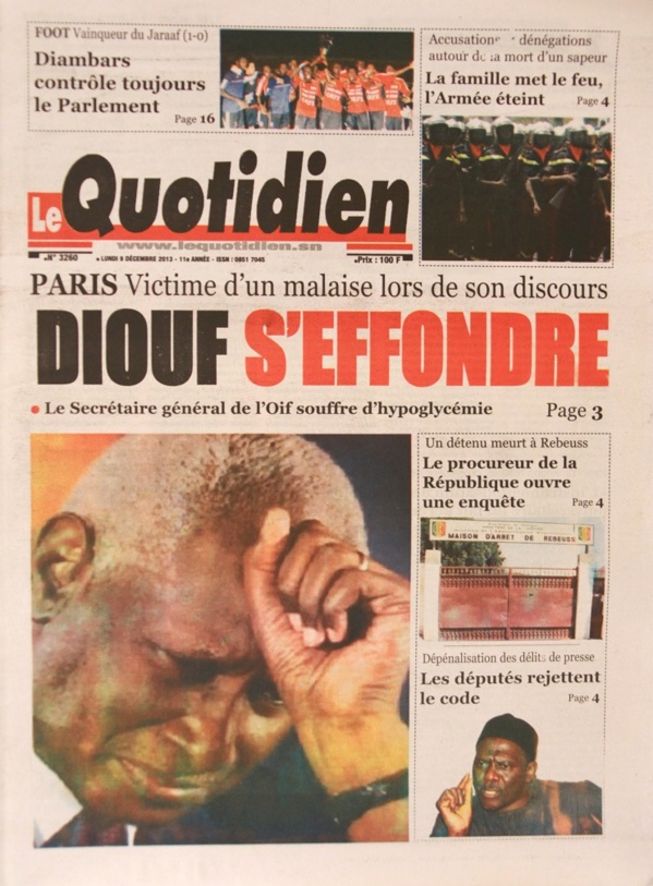 A la Une du Journal Le Quotidien du lundi 09 Décembre 2013