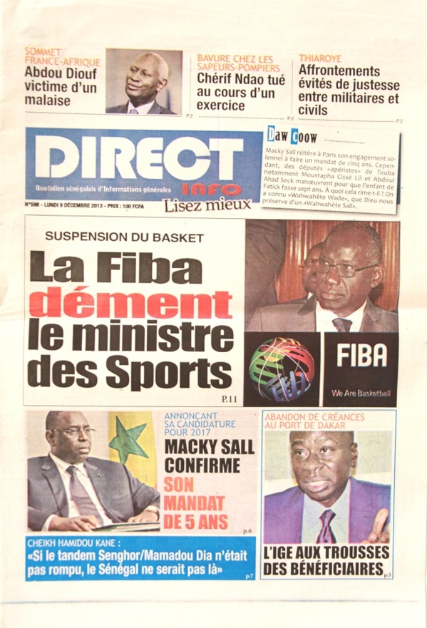 A la Une du Journal Direct Infos du lundi 09 Décembre 2013