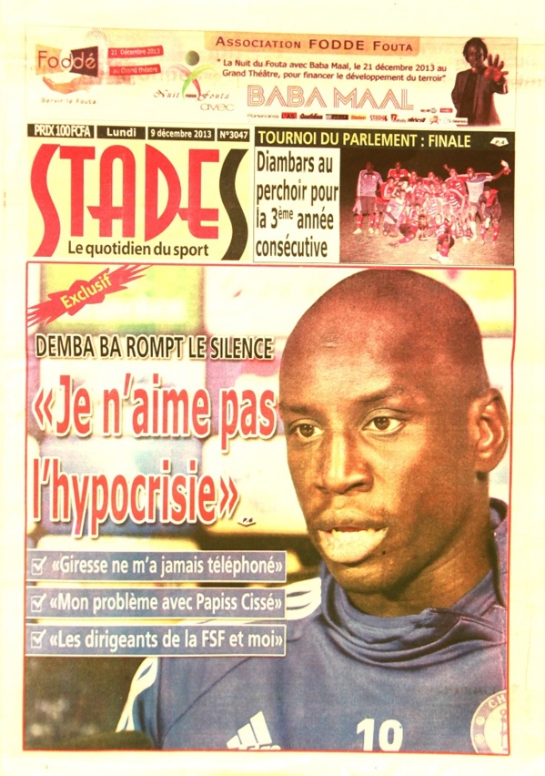 A la Une du Journal Stades du lundi 09 Décembre 2013