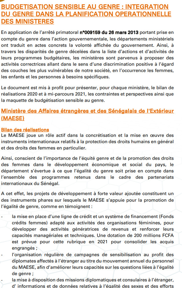 Budgétisation sensible au Genre: Comment l'intégration du Genre dans la planification opérationnelle des Ministères a été faite (Document)