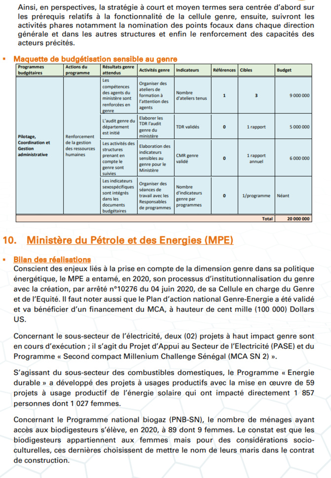 Budgétisation sensible au Genre: Comment l'intégration du Genre dans la planification opérationnelle des Ministères a été faite (Document, partie2)