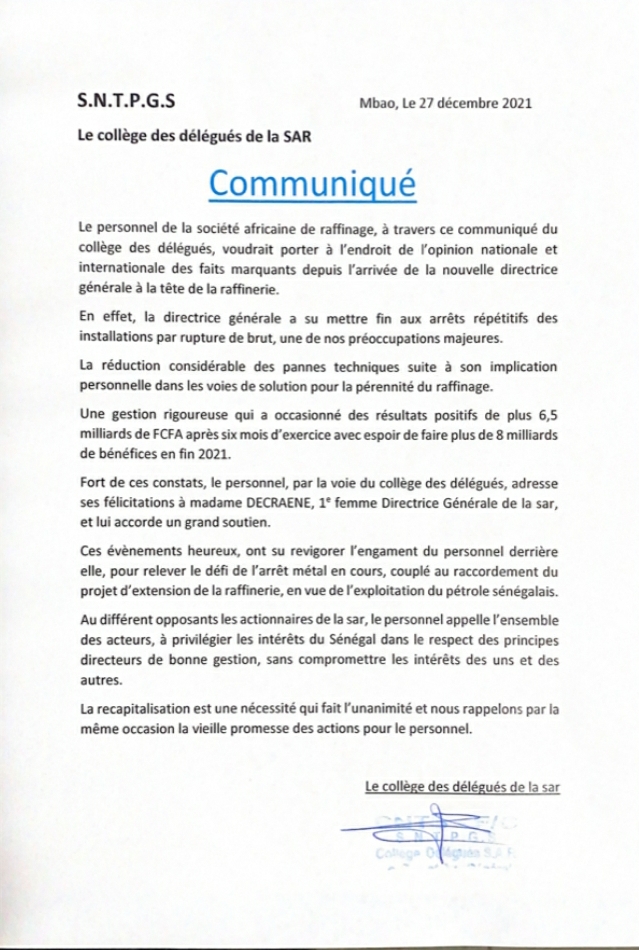 Imbroglio à la Sar: Le personnel adoube la Directrice générale et exhorte les actionnaires, à préserver les intérêts du Sénégal