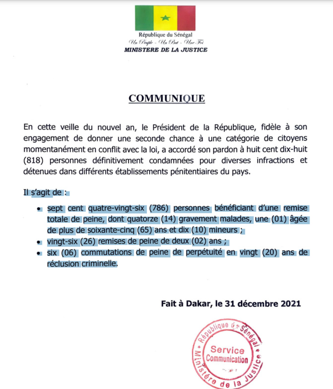Veille de Nouvel an: Le Président Macky Sall gracie 818 personnes (Document) Veille de Nouvel an: Le Président Macky Sall gracie 818 personnes (Document)