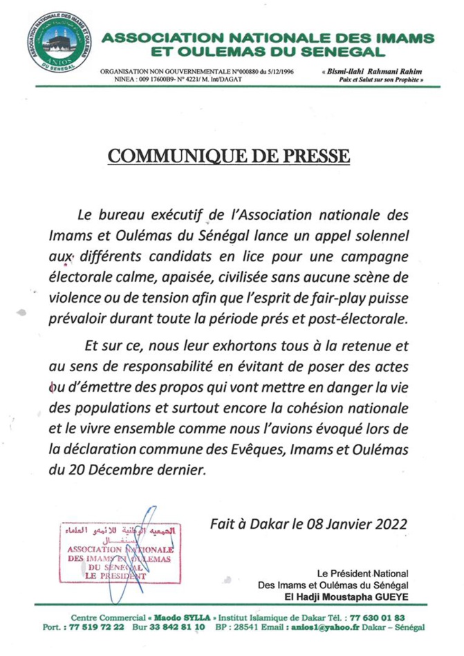 Démarrage de la Campagne : appel de l’Association des imams et oulémas pour une campagne apaisée Démarrage de la Campagne : appel de l’Association des imams et oulémas pour une campagne apaisée