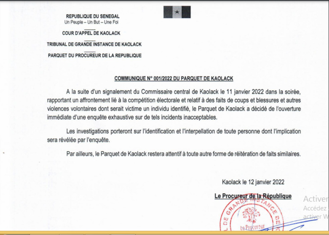 Incidents électoraux: Le Parquet de Kaolack annonce l’ouverture immédiate d’une enquête exhaustive
