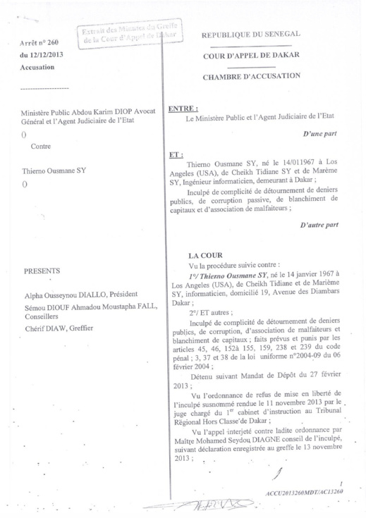 [Documents exclusifs] Affaire Sudatel: La Chambre d'accusation ordonne la mise en liberté "immédiate" de Thierno Ousmane Sy