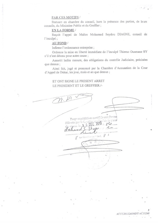 [Documents exclusifs] Affaire Sudatel: La Chambre d'accusation ordonne la mise en liberté "immédiate" de Thierno Ousmane Sy