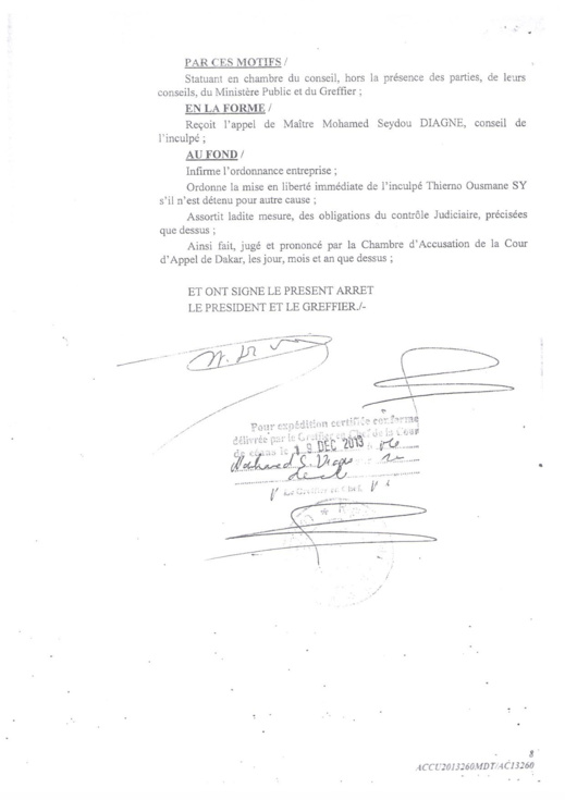 [Documents exclusifs] Affaire Sudatel: La Chambre d'accusation ordonne la mise en liberté "immédiate" de Thierno Ousmane Sy