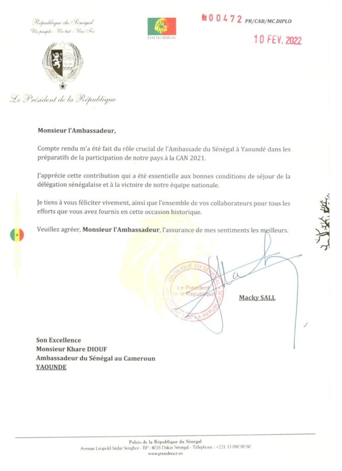 Can 2022 : le président Macky Sall facilite l’ambassadeur Khare Diouf pour son rôle crucial Can 2022 : le président Macky Sall facilite l’ambassadeur Khare Diouf pour son rôle crucial