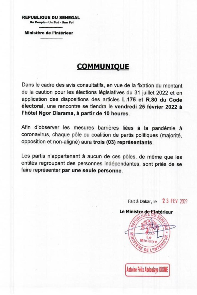 Caution pour les législatives:  Antoine Félix Diome va rencontrer les partis politiques, ce vendredi (Document)