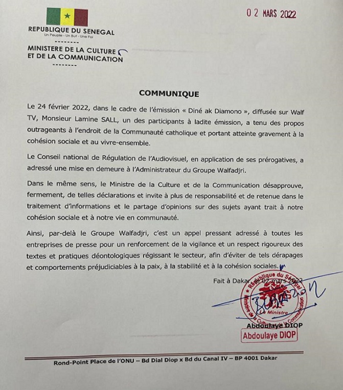 Dérapage de l’Imam Lamine Sall : Le ministre de la Communication appelle les médias à plus de responsabilité Dérapage de l’Imam Lamine Sall : Le ministre de la Communication appelle les médias à plus de responsabilité