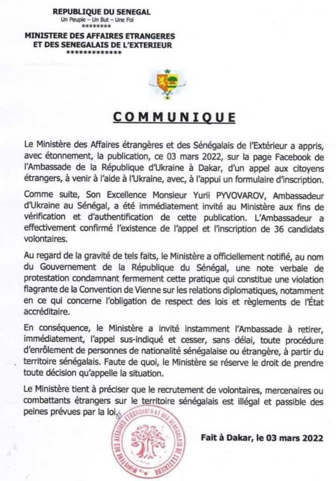 Recrutement de Sénégalais pour l'Ukraine: Le MAESE envoie une note de protestation à l'Ambassadeur 