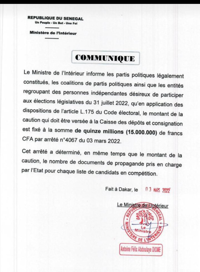 Législatives juillet 2022: La caution fixée à 15 millions F CFA (Document) Législatives juillet 2022: La caution fixée à 15 millions F CFA (Document)