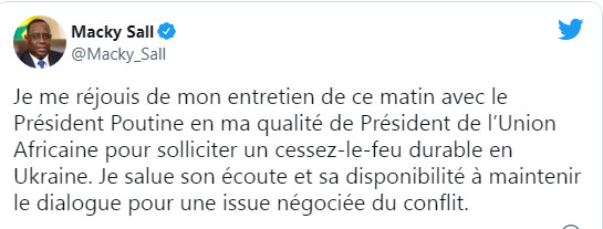 Conflit Russie-Ukraine: Le Président Macky Sall a eu un échange téléphonique avec Poutine, ce mercredi matin Conflit Russie-Ukraine: Le Président Macky Sall a eu un échange téléphonique avec Poutine, ce mercredi matin