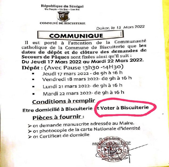 Commune de Biscuiterie / Secours de Pâques : Adama Mbengue décèle une ségrégation et interpelle le Maire
