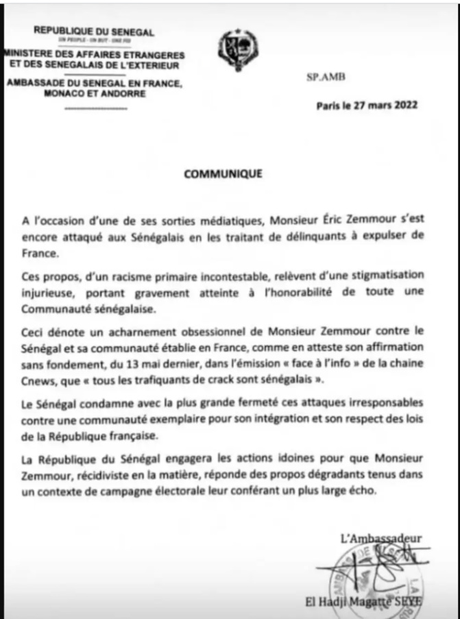 France : L’Ambassadeur du Sénégal en France, El Hadj Maguette Sèye condamne les injures d’Eric Zemmour ￼