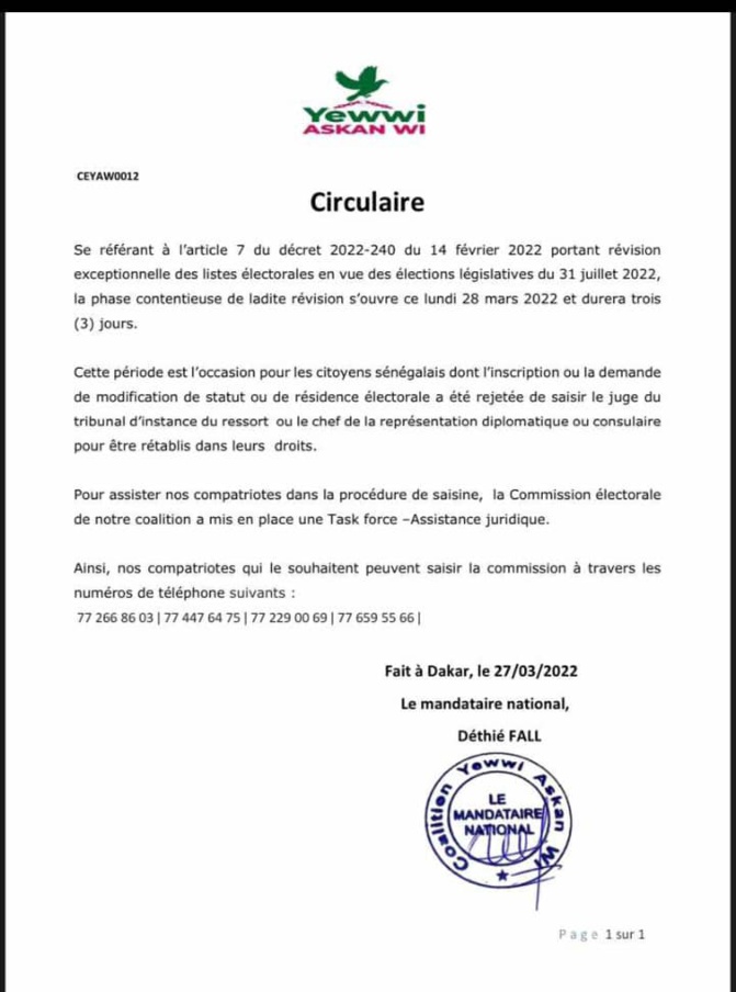 Révision des listes électorales: Yewwi Askan Wi met en place une Task Force-Assistance juridique Révision des listes électorales: Yewwi Askan Wi met en place une Task Force-Assistance juridique