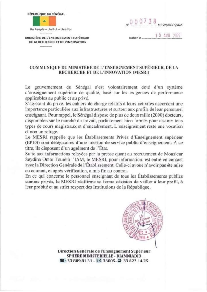 "Affaire Capitaine Touré" : Le MESRI met les points sur les i, la Direction de l'IAM pas au courant de son recrutement (Document)