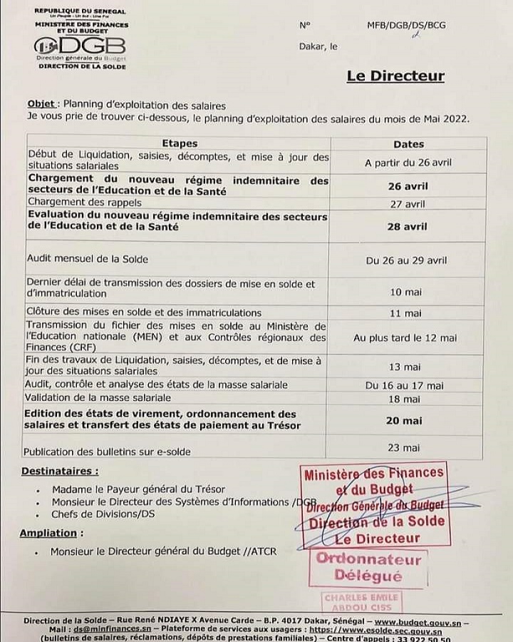 Avis aux usagers :   le planning d‘exploitation des salaires de mai du Ministère des Finances et du Budget