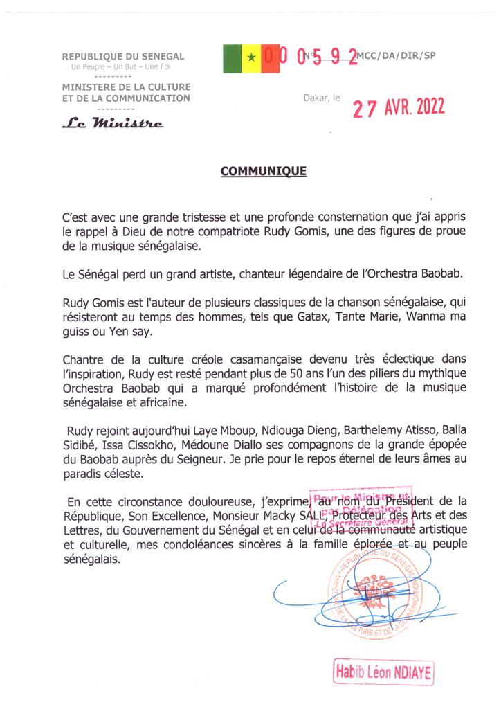 Décès de Rudy Gomis: Les condoléances du ministre de la Culture Décès de Rudy Gomis: Les condoléances du ministre de la Culture