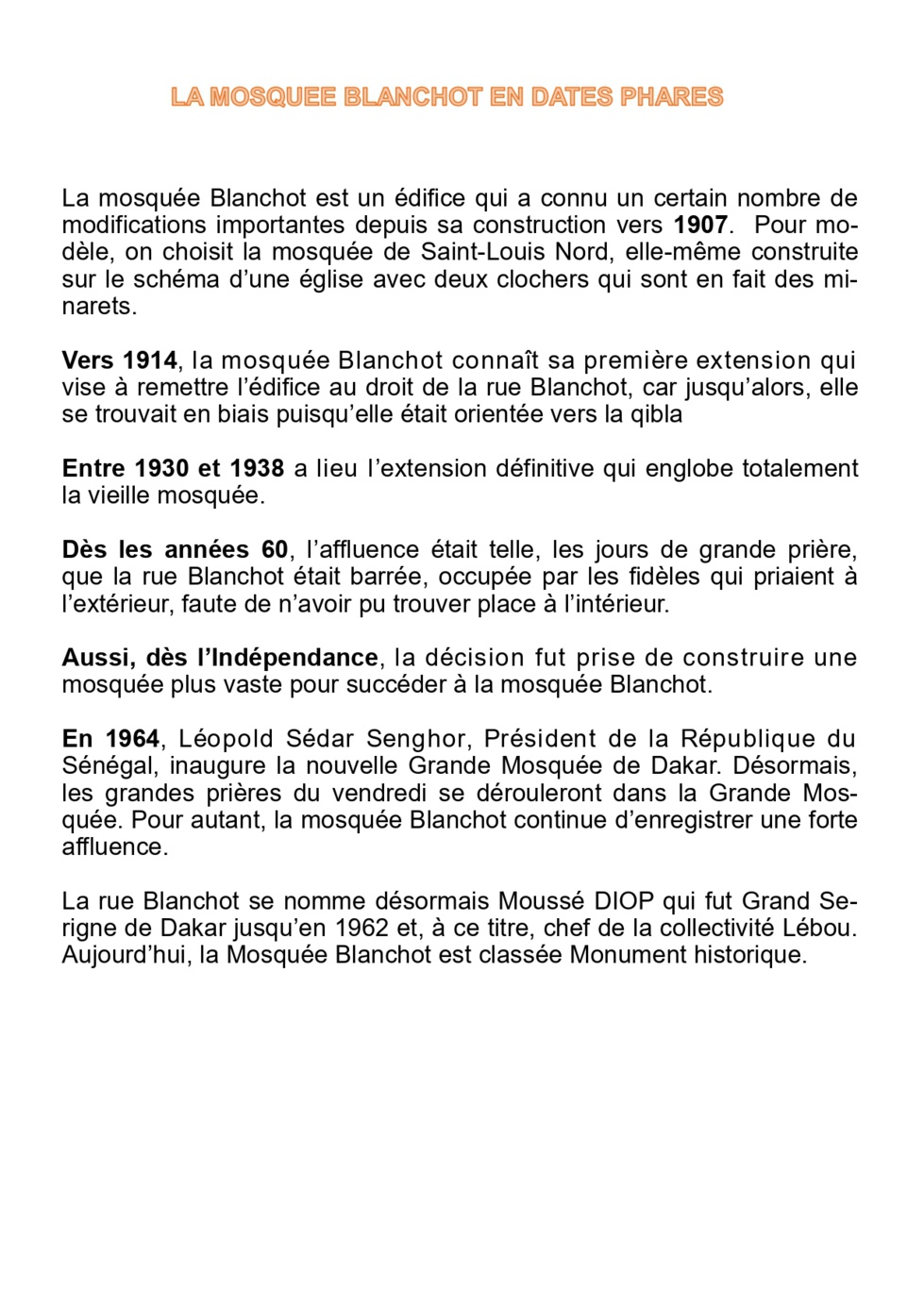 La mosquée Blanchot sort d'une réhabilitation de quatre ans, pour un coût de 1.177.705.489 FCFA ( Macky Sall )