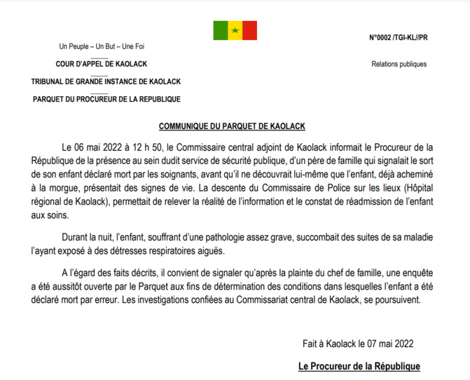 Hôpital régional de Kaolack: un enfant déclaré mort et acheminé à la morgue le matin,...succombe dans la nuit Hôpital régional de Kaolack: un enfant déclaré mort et acheminé à la morgue le matin,...succombe dans la nuit
