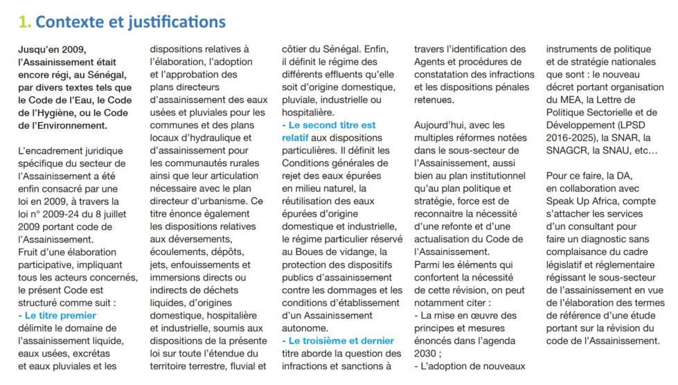 Diagnostic du cadre législatif et règlementaire dans le sous-secteur de l'assainissement : Termes de référence pour le recrutement d’un consultant