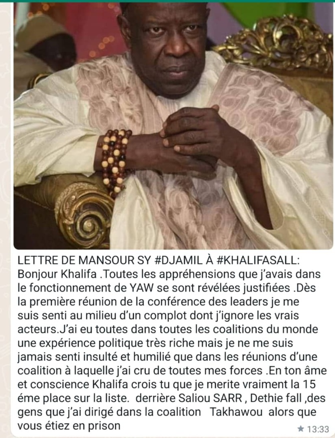 Mansour Sy Djamil à Khalifa Sall : "Crois-tu que je mérite cette 15e place sur la liste ? Je ne me suis jamais senti aussi humilié que..."