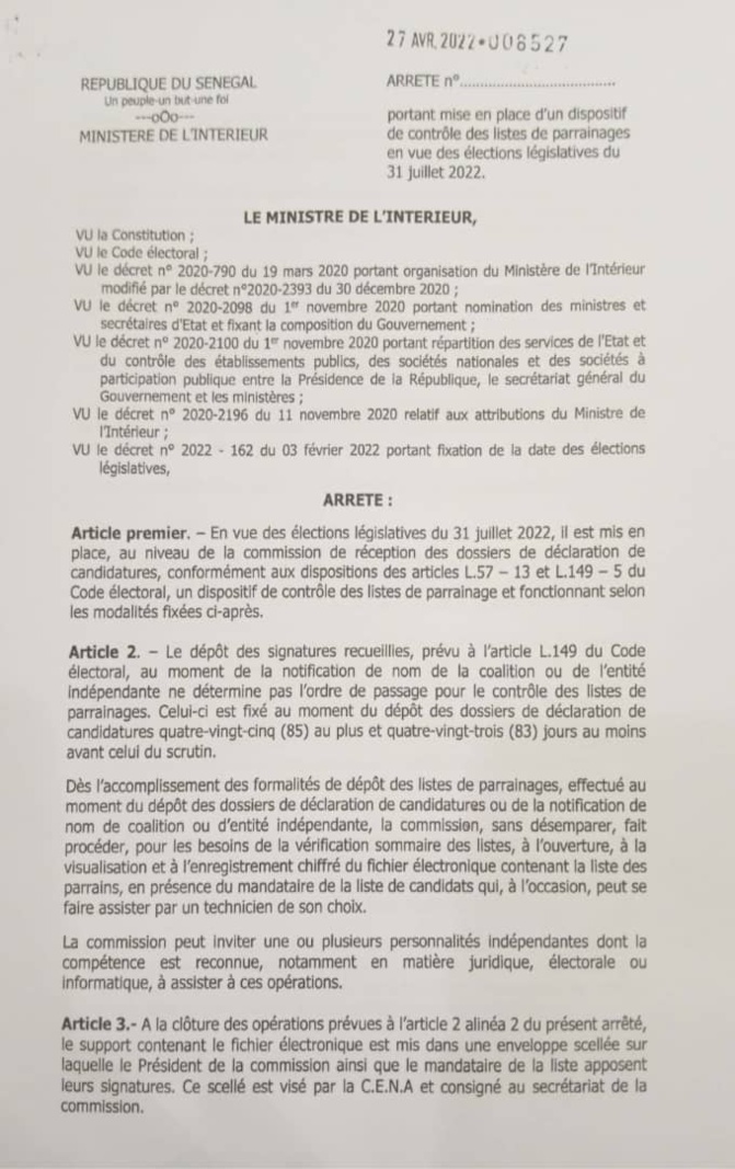 Le surplus de parrainages n'a aucun effet sur la validité d'une liste, selon l'article 6 d'un arrêté ministériel