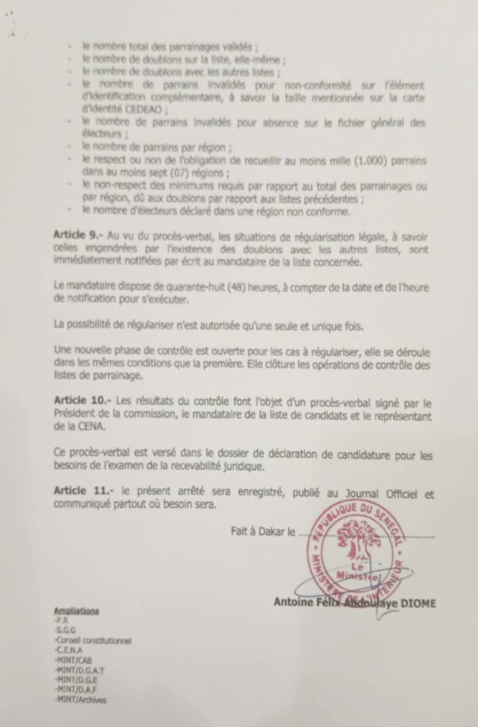Le surplus de parrainages n'a aucun effet sur la validité d'une liste, selon l'article 6 d'un arrêté ministériel