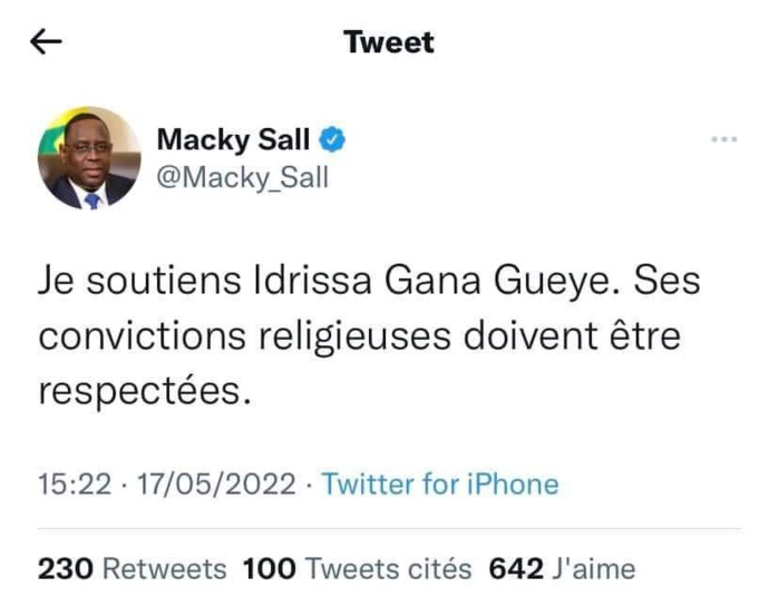 Refus de porter un maillot LGBT: Idrissa Gana Guèye défendu par Macky Sall