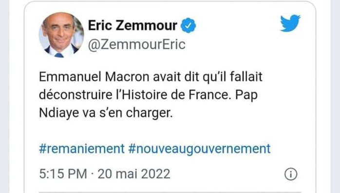 Après la nomination de Pap Ndiaye comme ministre de l'Education : Les réactions xénophobes de Zemmour et Marine Le Pen Après la nomination de Pap Ndiaye comme ministre de l'Education : Les réactions xénophobes de Zemmour et Marine Le Pen