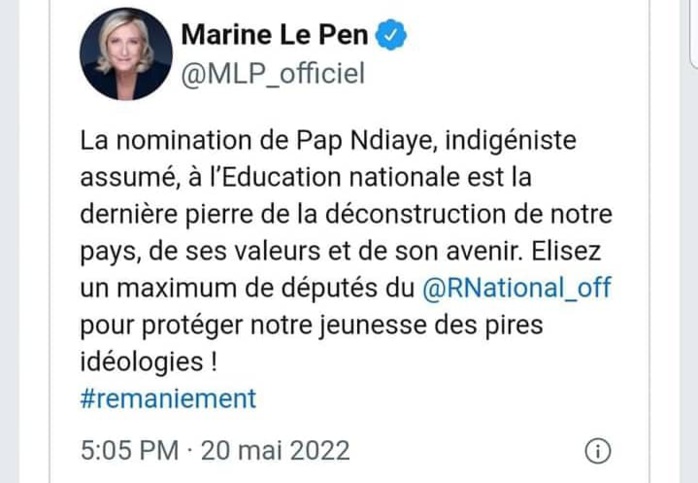 Après la nomination de Pap Ndiaye comme ministre de l'Education : Les réactions xénophobes de Zemmour et Marine Le Pen Après la nomination de Pap Ndiaye comme ministre de l'Education : Les réactions xénophobes de Zemmour et Marine Le Pen