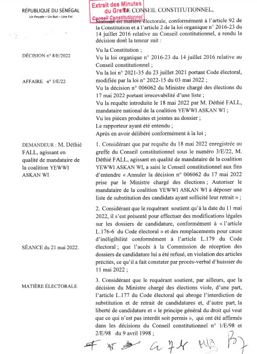 Voici la Décision du Conseil constitutionnel qui annule celle de la DGE (Document) au profit de YAW