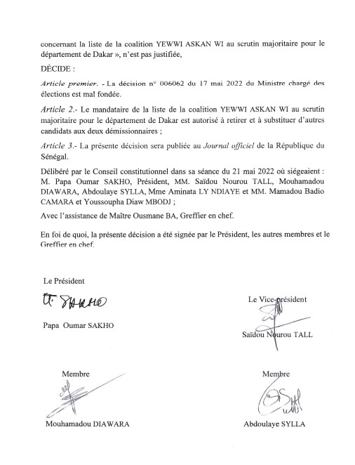 Voici la Décision du Conseil constitutionnel qui annule celle de la DGE (Document) au profit de YAW