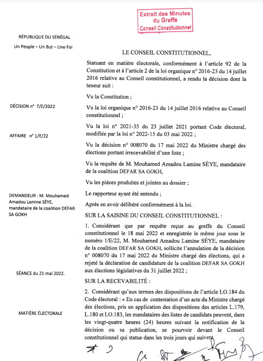 Décision n°7 : Le Conseil Constitutionnel rejette le recours de DEFAR SA GOKH (Document)