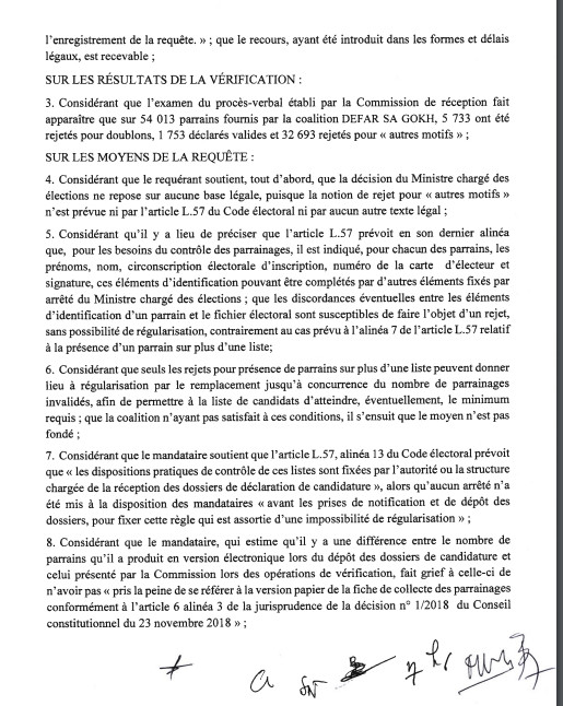 Décision n°7 : Le Conseil Constitutionnel rejette le recours de DEFAR SA GOKH (Document)