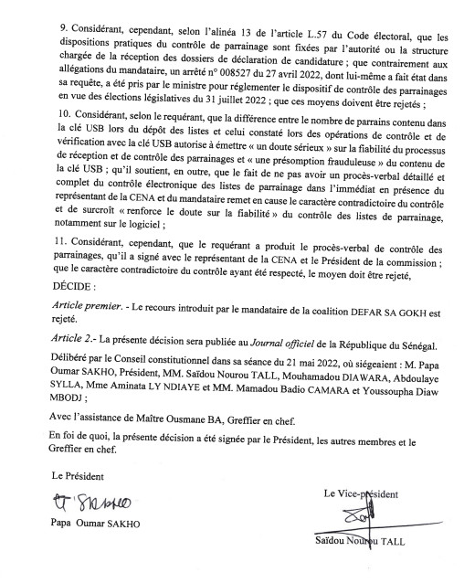 Décision n°7 : Le Conseil Constitutionnel rejette le recours de DEFAR SA GOKH (Document)