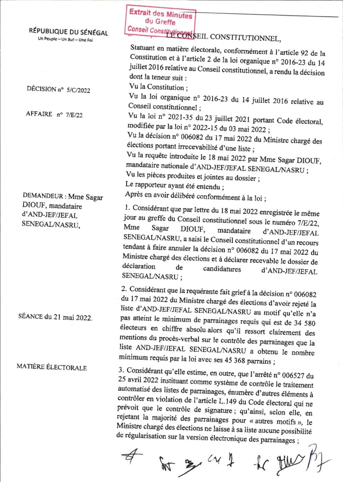 Décision n°5 : Le Conseil Constitutionnel rejette la requête de AND-JEF/JEFAL SENEGAL/NASRU