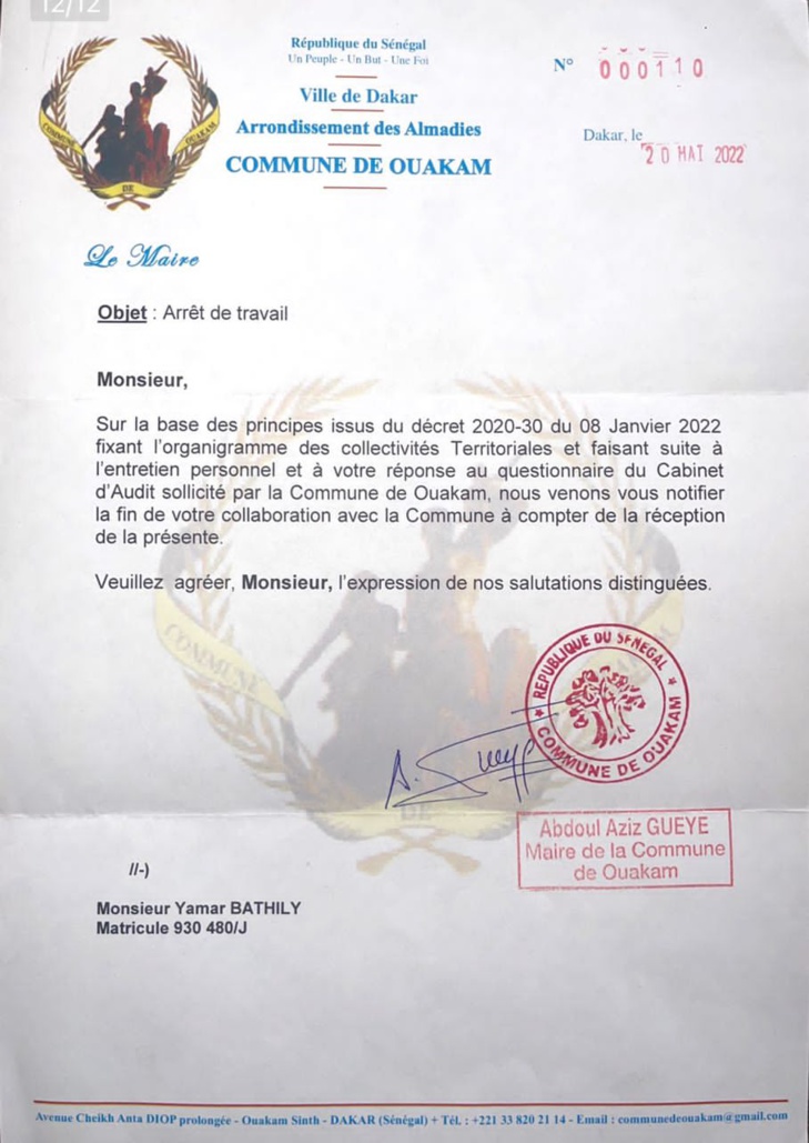 Licenciement abusif : Abdou Aziz Guèye, maire de Ouakam, abuse de ses pouvoirs et renvoie plus de 100 agents de sa Commune Licenciement abusif : Abdou Aziz Guèye, maire de Ouakam, abuse de ses pouvoirs et renvoie plus de 100 agents de sa Commune
