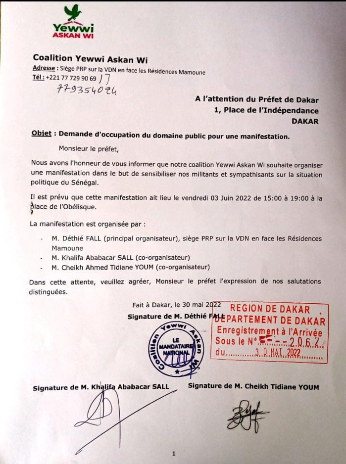 Manifestation populaire du 3 juin 2022 : YAW a déposé la note d'information auprès du Préfet de Dakar (Document)