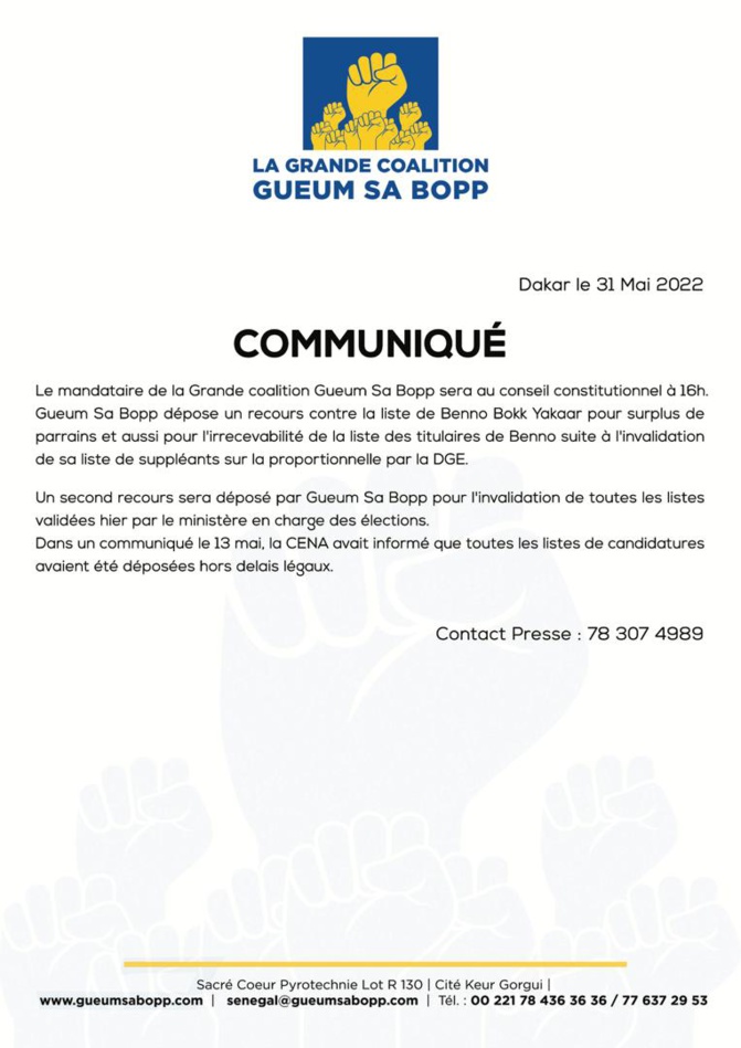 Législatives 2022 : Gueum Sa Bopp au Conseil constitutionnel à 16h, pour contester la liste de BBY Législatives 2022 : Gueum Sa Bopp au Conseil constitutionnel à 16h, pour contester la liste de BBY