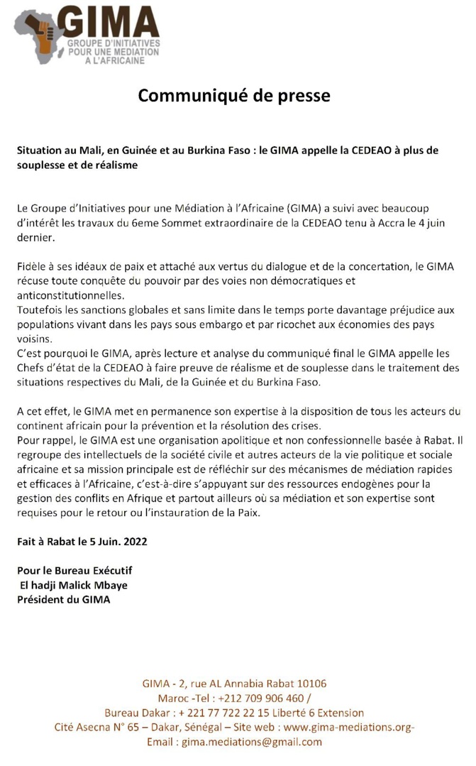 Situation au Mali, en Guinée et au Burkina : le GIMA appelle la CEDEAO à plus de souplesse et de réalisme