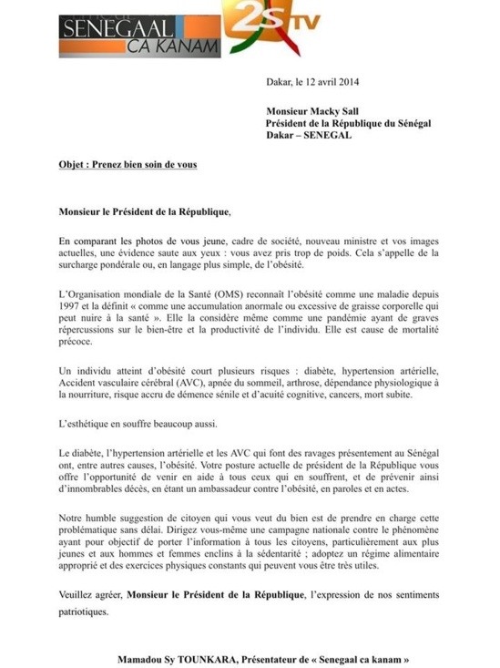Tounkara écrit au Président Macky Sall: "Vous avez pris trop de poids. Cela s´appelle de l´obésité"